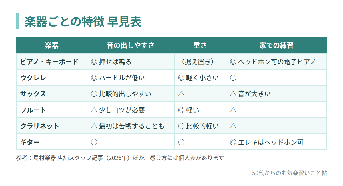 楽器ごとの特徴 早見表